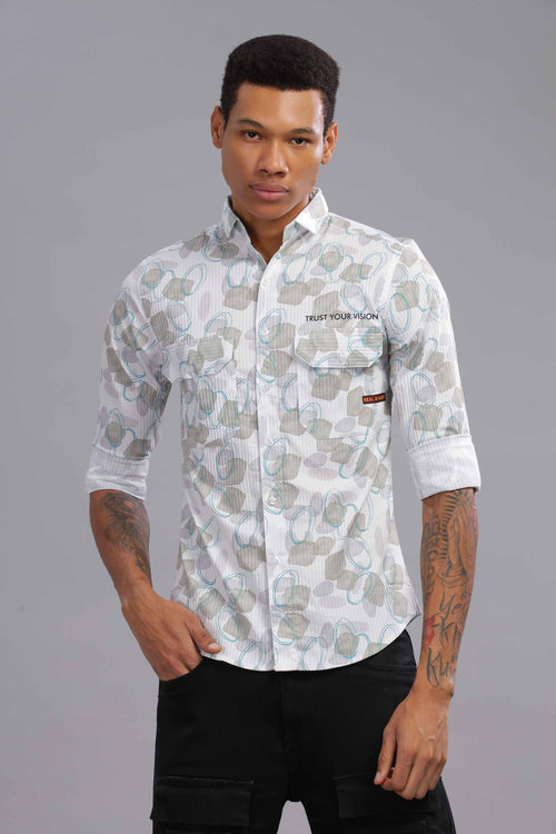 White with Grey Abstract Circular Pattern Shirt