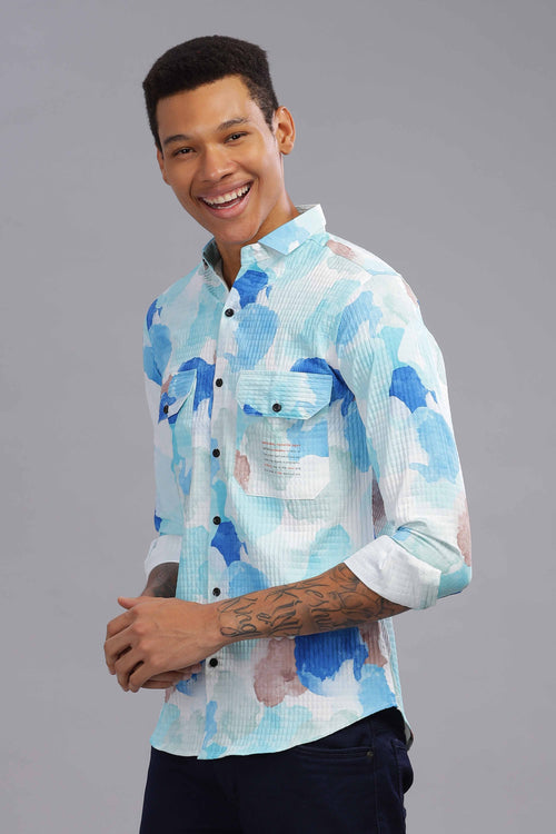 Blue Camouflage Print Casual Shirt