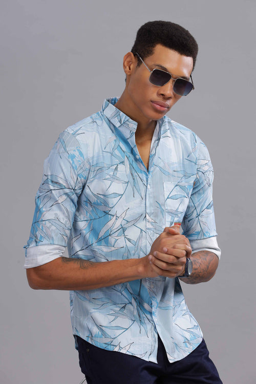 Blue and White Leaf Tropical Breeze Shirt