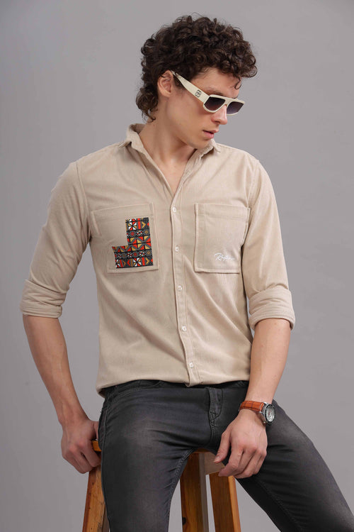 Beige Casual Shirt with Tribal Patch