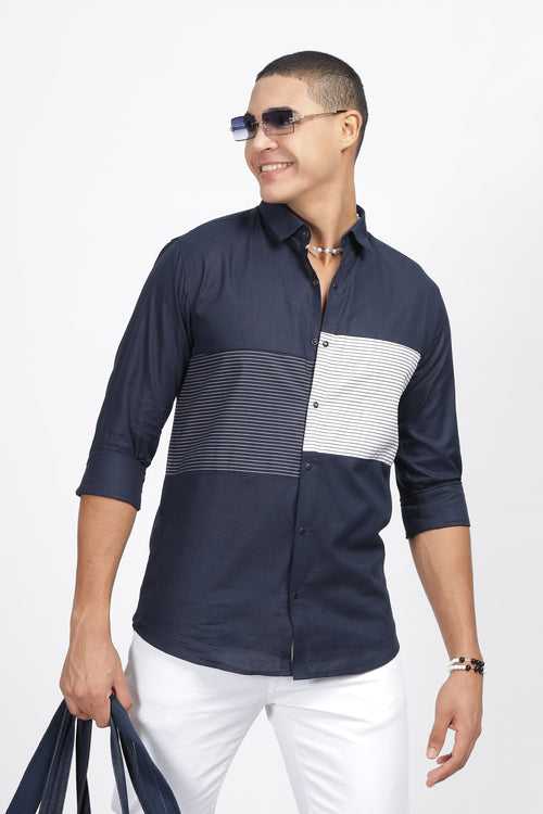 Navy Blue Shirt with White Striped Panel