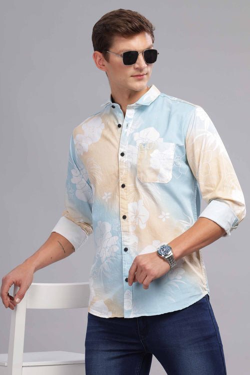 Pastel Blue and Beige with White Ocean Breeze Floral Print Shirt