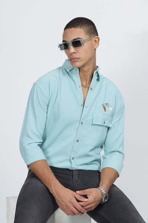 Light Blue Shirt with Feather Embroidery