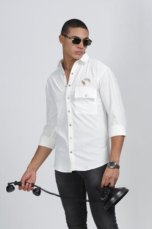 White Shirt with Feather Embroidery