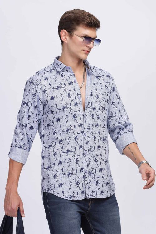 Blue with Black Floral Vine Pattern Casual Shirt