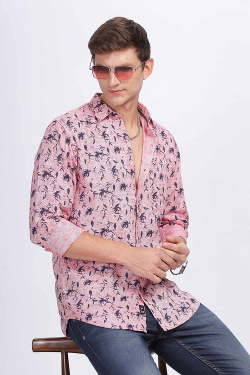 Pink with Black Floral Vine Pattern Casual Shirt