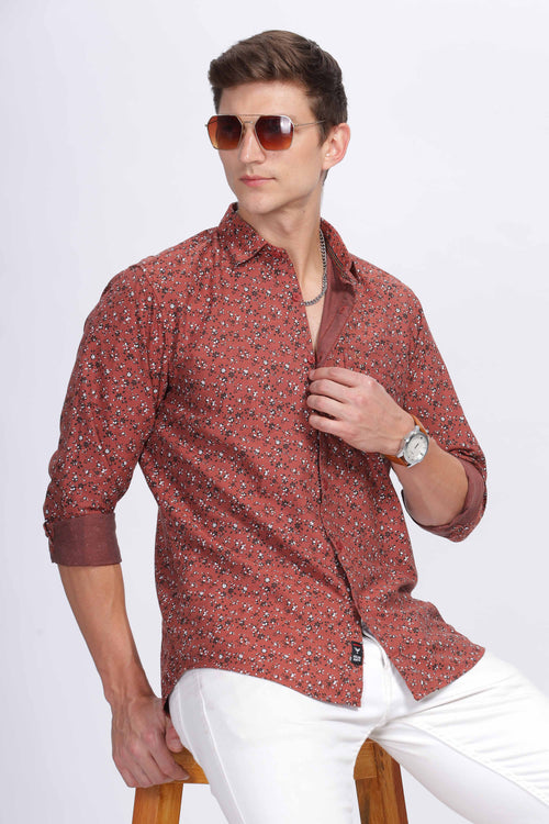 Rust with White Floral Print Casual Shirt