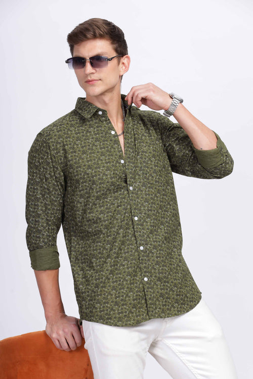 Moss Green with Floral Evergreen Blossom Print Shirt