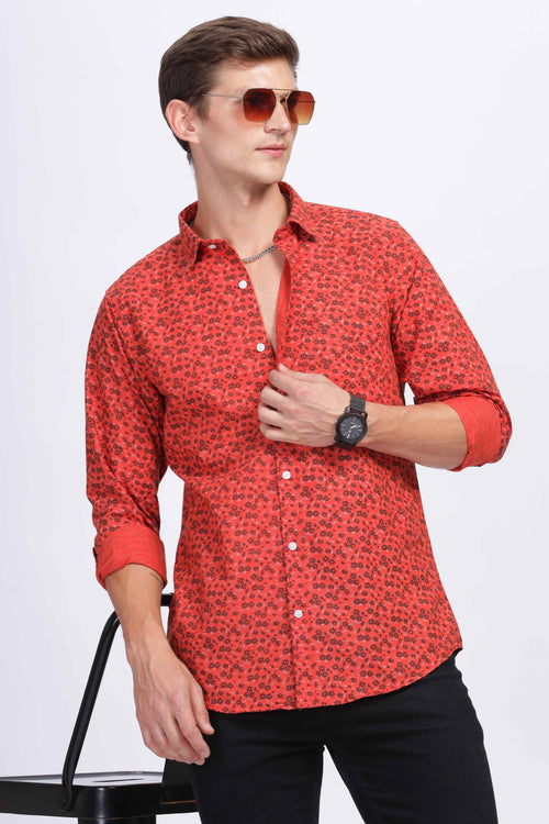 Crimson Bloom Bright Red with Floral Print Shirt