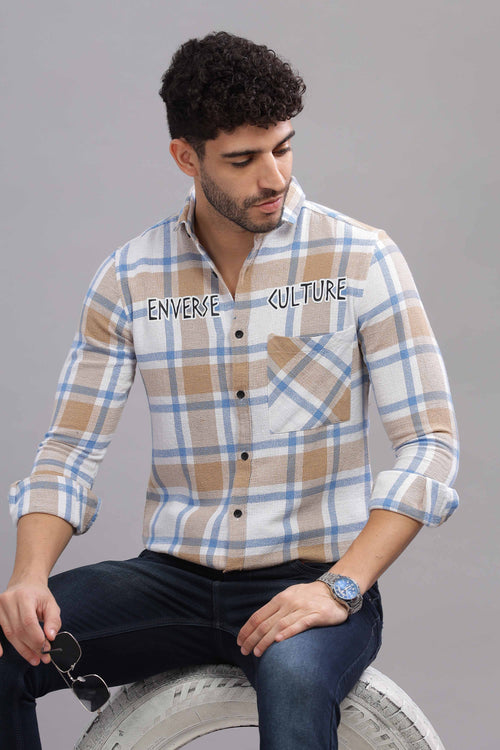 Beige and Blue Plaid Enverse Culture Casual Flannel Shirt