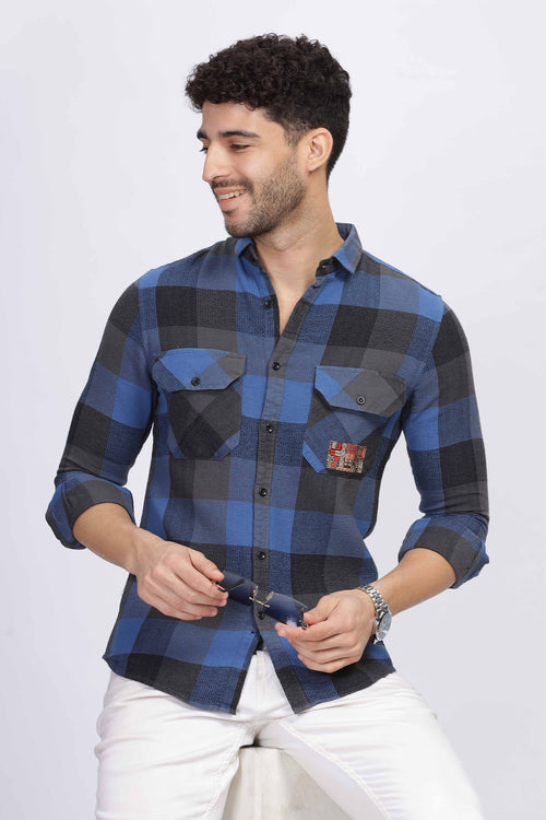 Navy Blue and Black Checkered Pattern Casual Shirt