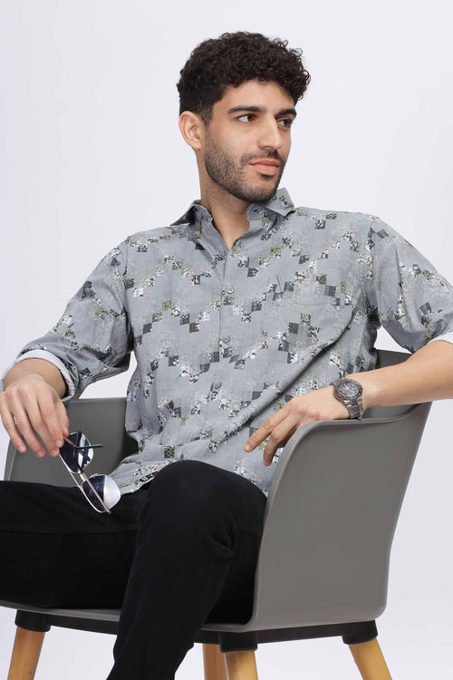 Grey with Green Geometric Pattern Casual Shirt