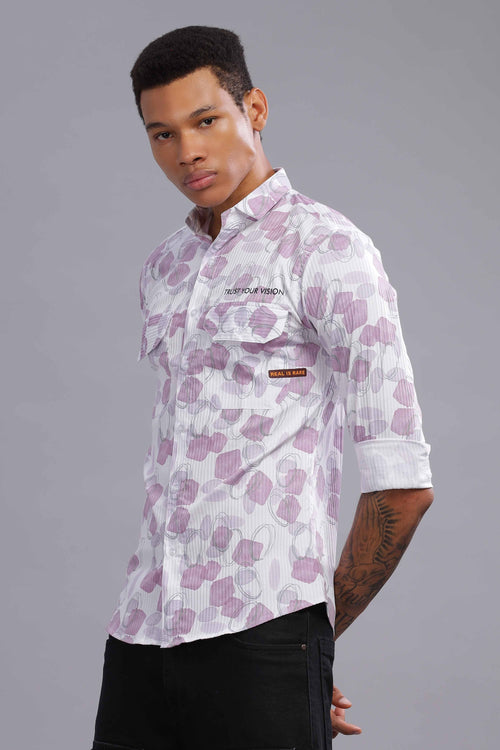 White with Lavender Abstract Circular Pattern Shirt