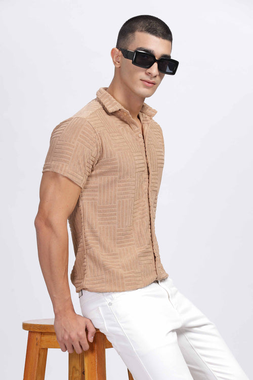 Elegant Textured Beige Short Sleeve Shirt