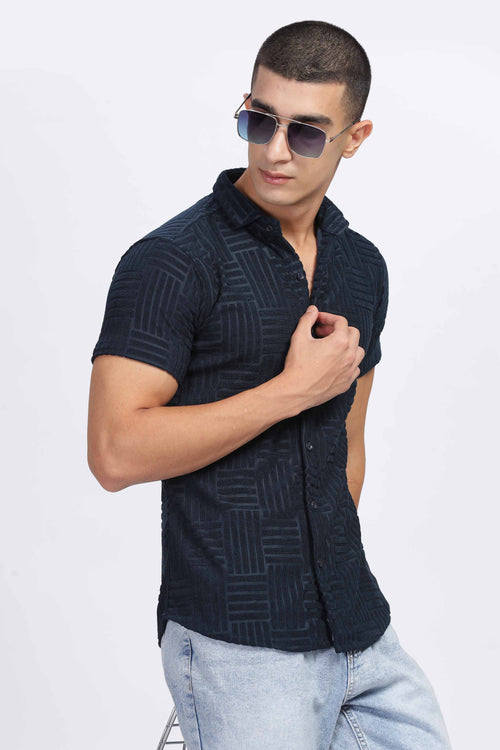 Stylish Textured Navy Short Sleeve Shirt