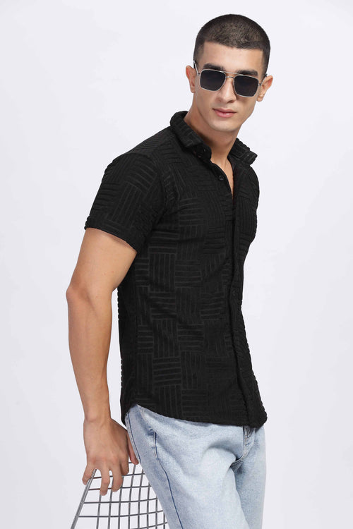 Elegant Textured Black Short Sleeve Shirt