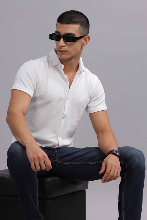 Elegant White Textured Short Sleeve Shirt