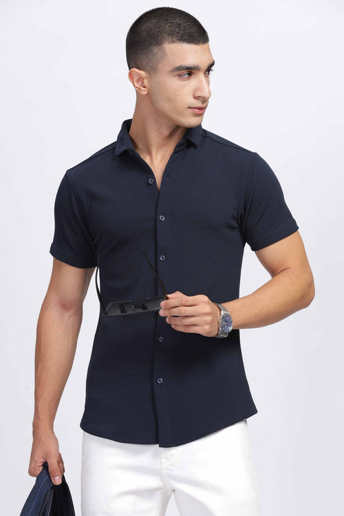 Sophisticated Midnight Blue Textured Short Sleeve Shirt