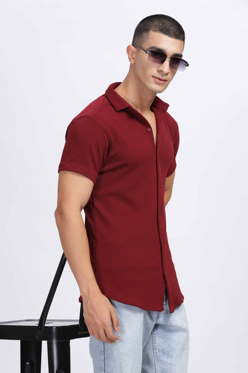 Bold Burgundy Textured Short Sleeve Shirt